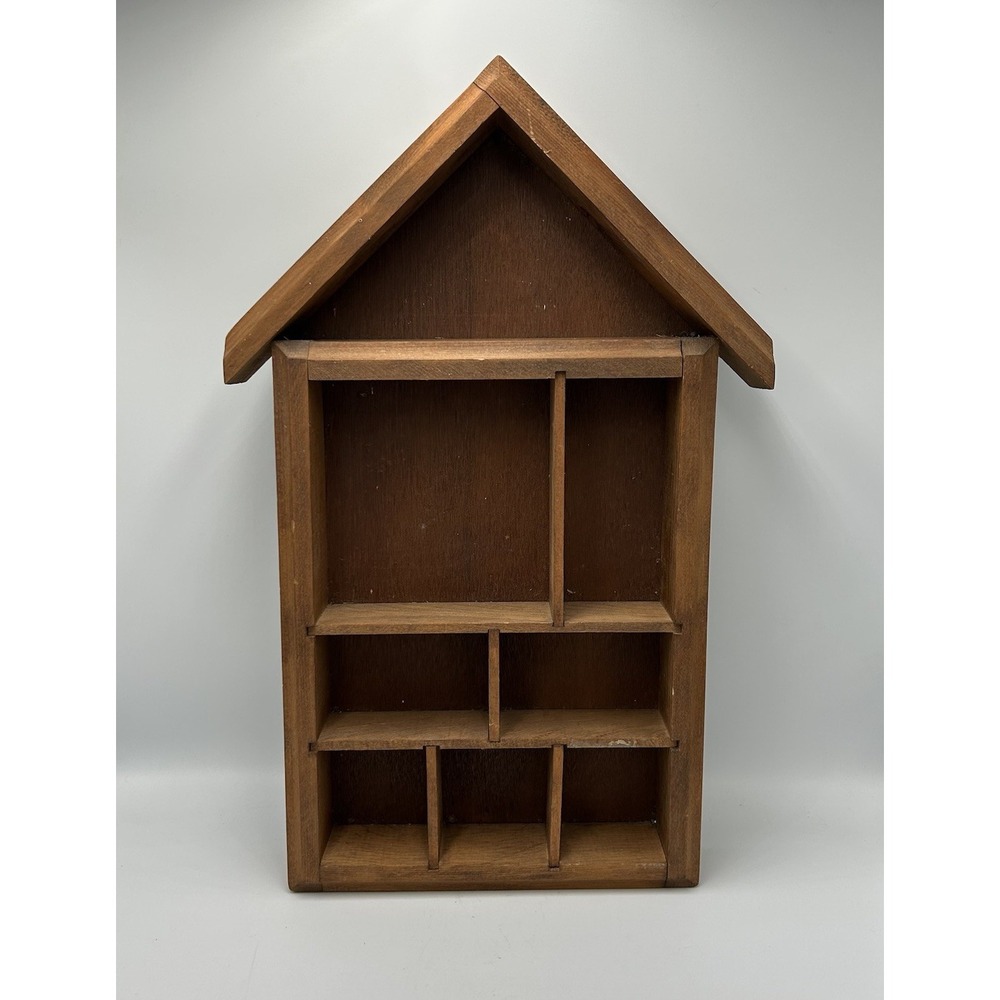 Vintage Wooden MCM House Shaped Display Trinket Shelf Shadow Box Brown